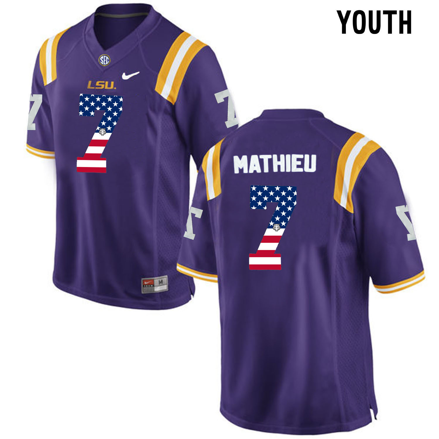 US Flag Fashion Youth LSU Tigers Tryann Mathieu #7 College Football Limited Jersey  Purple->->Youth Jersey